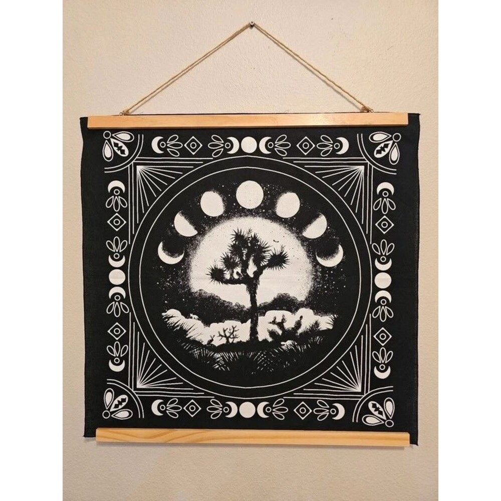 Celestial Joshua Tree Moon Phase Fabric Wall Hanging & Wooden Hanger Frame